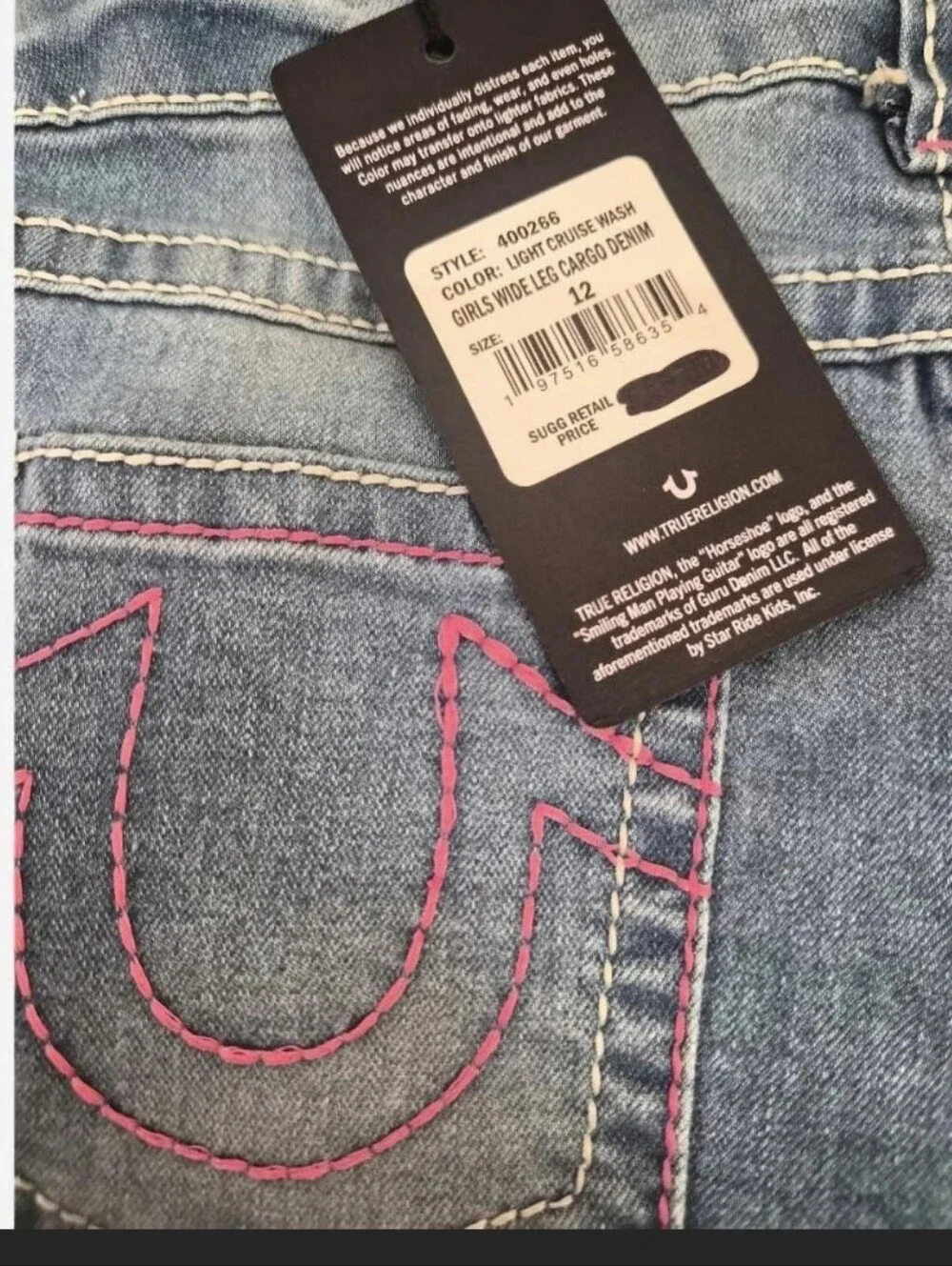 True Religion Light Blue Cargo Wide-Leg Jeans with Pink Stitching